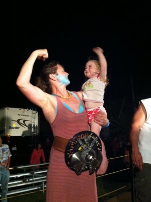 Bluebeard celebrates her victory with 2-year old daughter Astrid. Big brother Oscar slept through his mom's triumph.